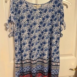 Como Blu Blue and Red Patterned Blouse with Sleeve Ties